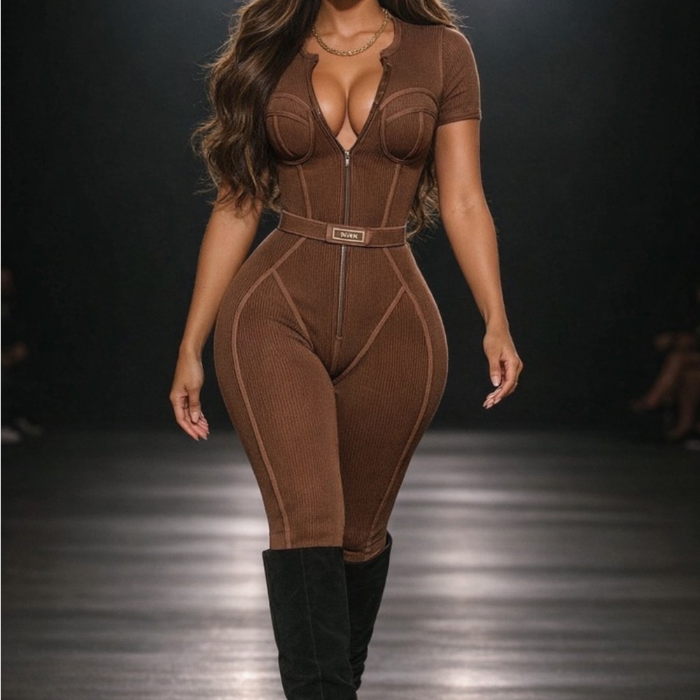 Brown Ribbed Zip-Front Jumpsuit with Belt